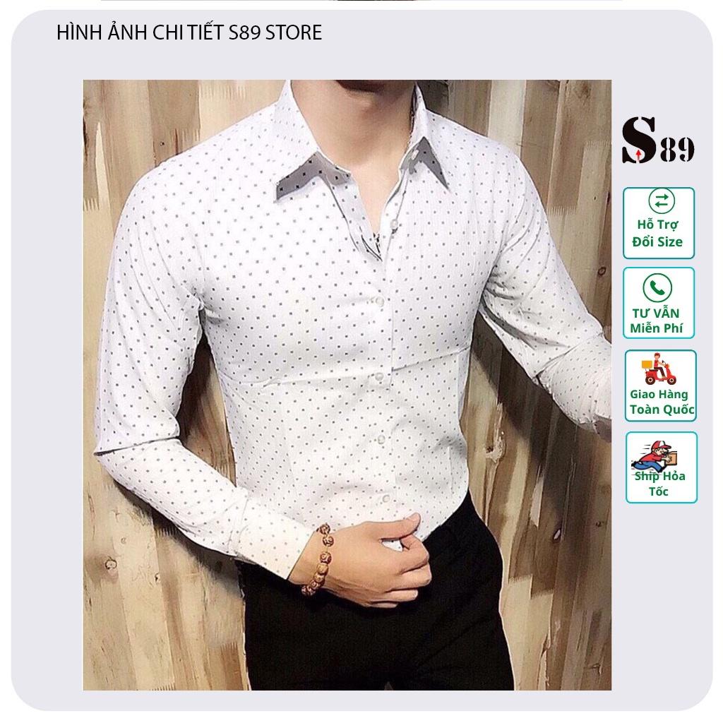 Áo sơ mi nam dài tay cổ cứng họa tiết chấm bi form dáng slim fit vải cotton dày dặn