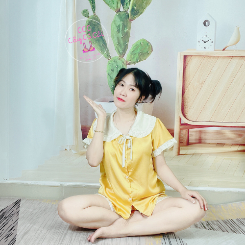 Bộ pijama satin mềm mát, bộ đồ ngủ cộc tay cổ thắt nơ công chúa dễ thương, mát mẻ hàng loại 1 CCC139