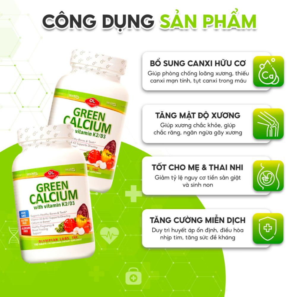 Viên Uống Olympian Labs Green Calcium Bổ Sung Canxi Hữu Cơ Cho Bà Bầu, Trẻ Em, Người Lớn - Hộp 100 Viên
