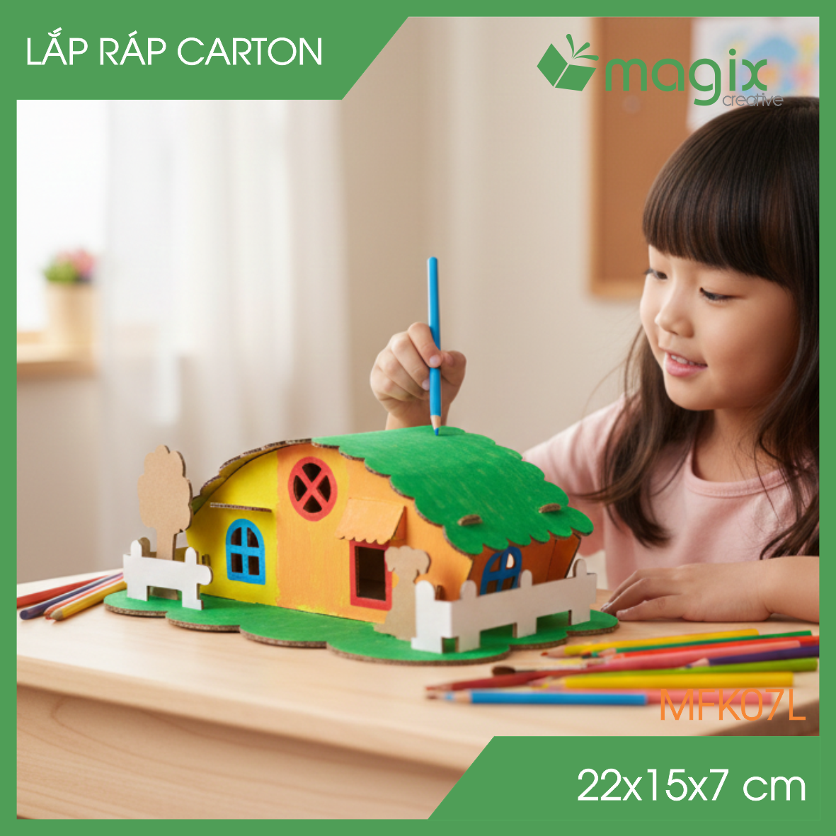 MFK07L - 22x15x7 cm - Mô hình ngôi nhà lắp ráp từ bìa carton cao cấp, nhà giấy carton mini sáng tạo
