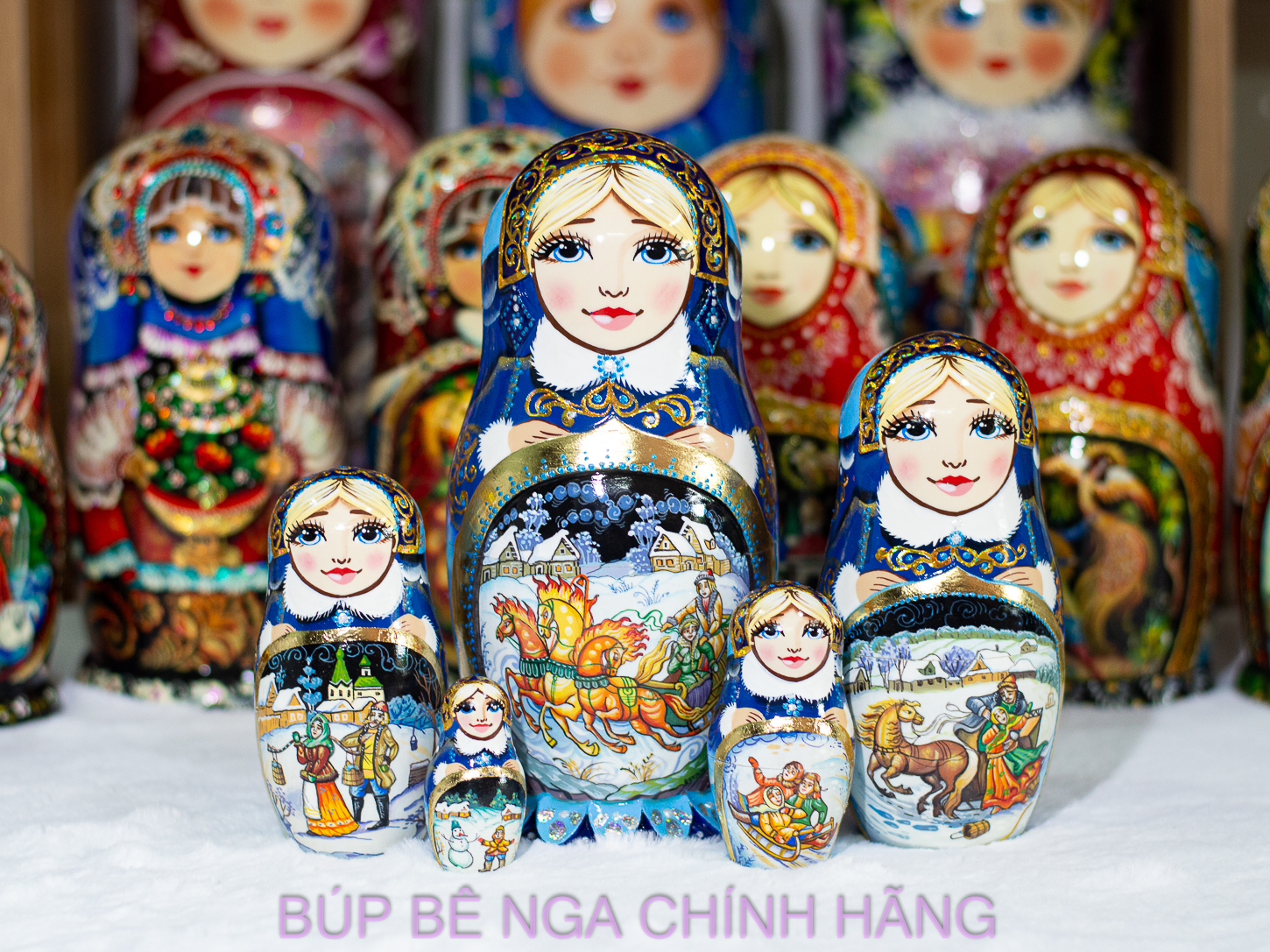 BỘ BÚP BÊ NGA MATRYOSHKA CAO CẤP 5 LỚP 20CM ĐIÊU KHẮC CHẠM NỔI HOA VĂN "CÔNG CHÚA MÙA ĐÔNG" MÀU XANH CỰC ĐẸP VÀ SANG TRỌNG