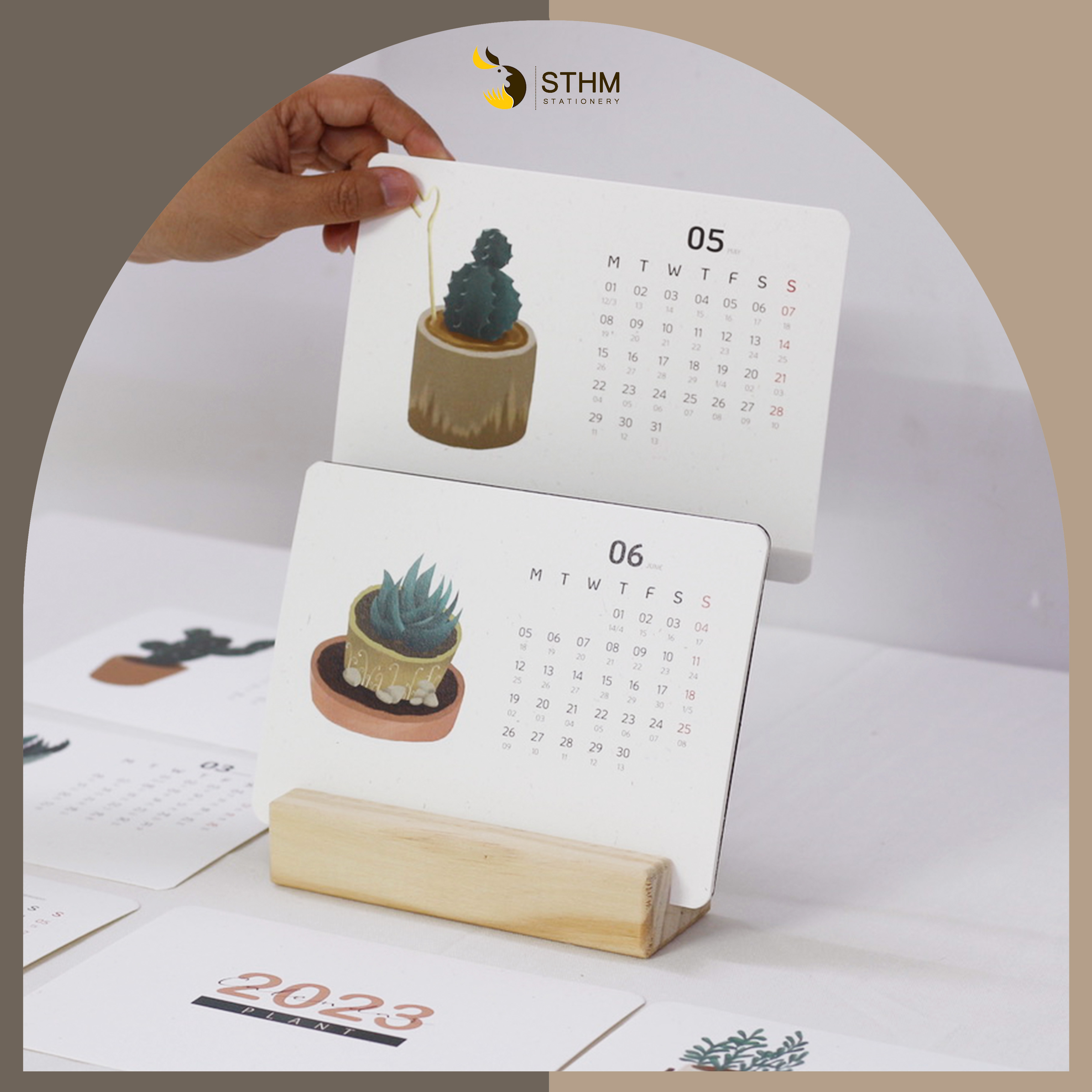 Lịch bàn đế gỗ 2023 - Plant - Tặng 12 sticker - Giấy mỹ thuật 220gsm - Có lịch âm dương - STHM stationery