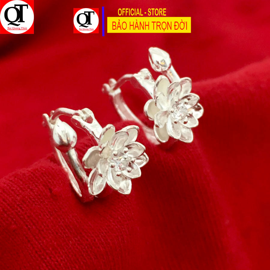 Khuyên tai nữ tròn mẫu hoa Sen bạc ta kiểu khuyên vành đeo sát tai đính đá cao cấp trang sức Bạc Quang Thản - QTBT139
