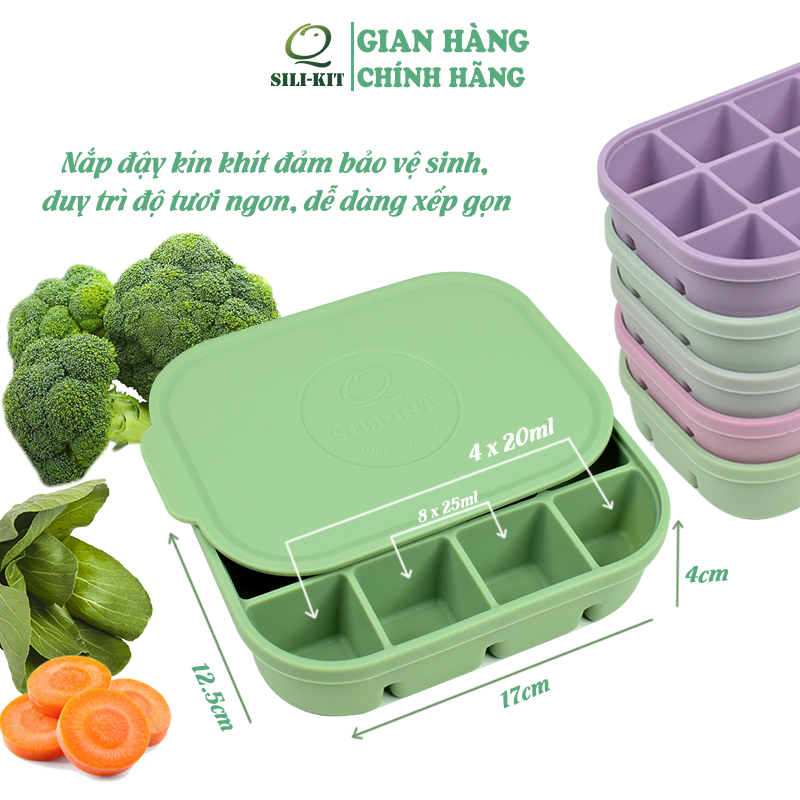 Khay trữ đông silicone có nắp 12 ngăn đa năng SILIKIT, khay trữ đông đồ ăn dặm, khay trữ sữa mẹ