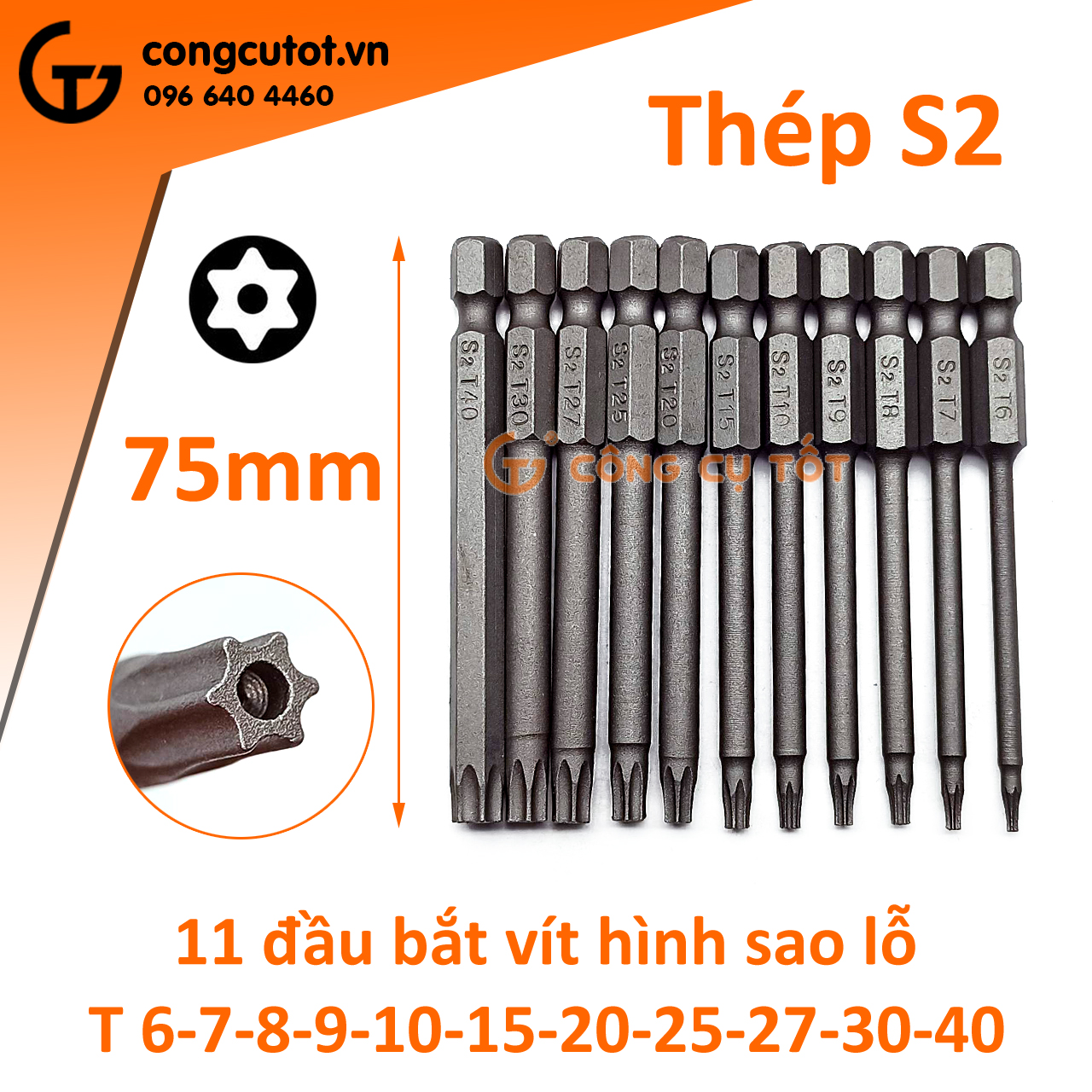 Bộ 11 đầu bắt vít hình sao lỗ dài 75mm T6-T40