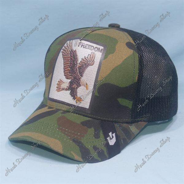 Nón kết lưới in đại bàng in chữ Freedom phía sau khóa nhựa phía trong và trước có tem vòng đầu 55-58cm - Lính