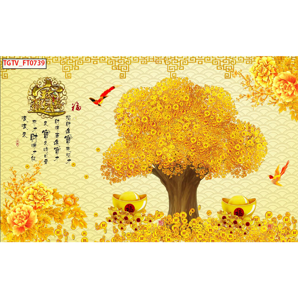 Tranh dán tường 3d cây kim tiền - ép kim sa - có sẵn keo PT48