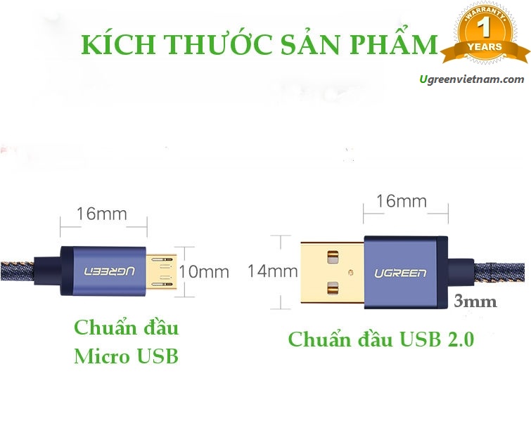 Cáp sạc và truyền dữ liệu USB 2.0 sang Micro USB vỏ bọc da bò, đầu cắm mạ vàng 24K dài 1m UGREEN 40397 - Hàng Chính Hãng