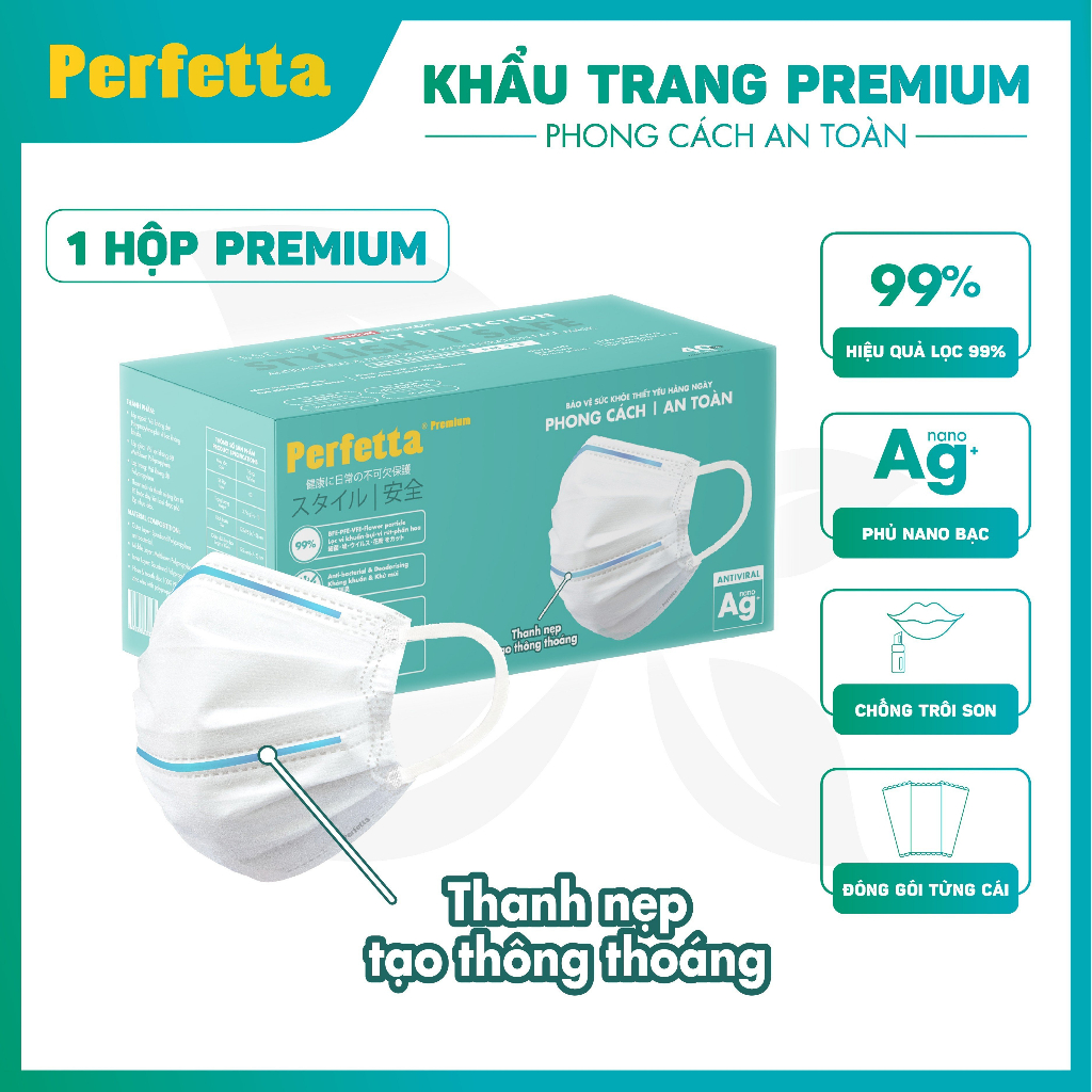 Khẩu Trang Y Tế Cao Cấp Chuẩn Nhật Bản Perfetta Premium AG+, 2 Thanh Nẹp Thông Thoáng (40 cái/hộp)