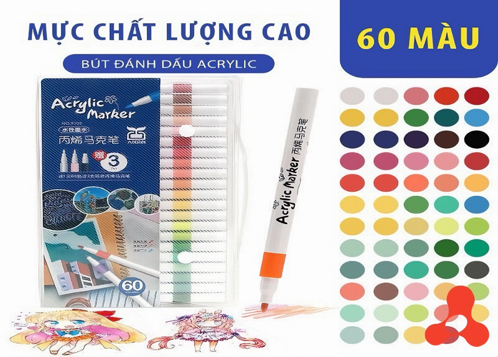 Bút lông tô màu Crylic Marker 60 màu cao cấp vẽ trên nhiều chất liệu, không thấm nước, chống nhòe dành cho học sinh - Hàng chính hãng