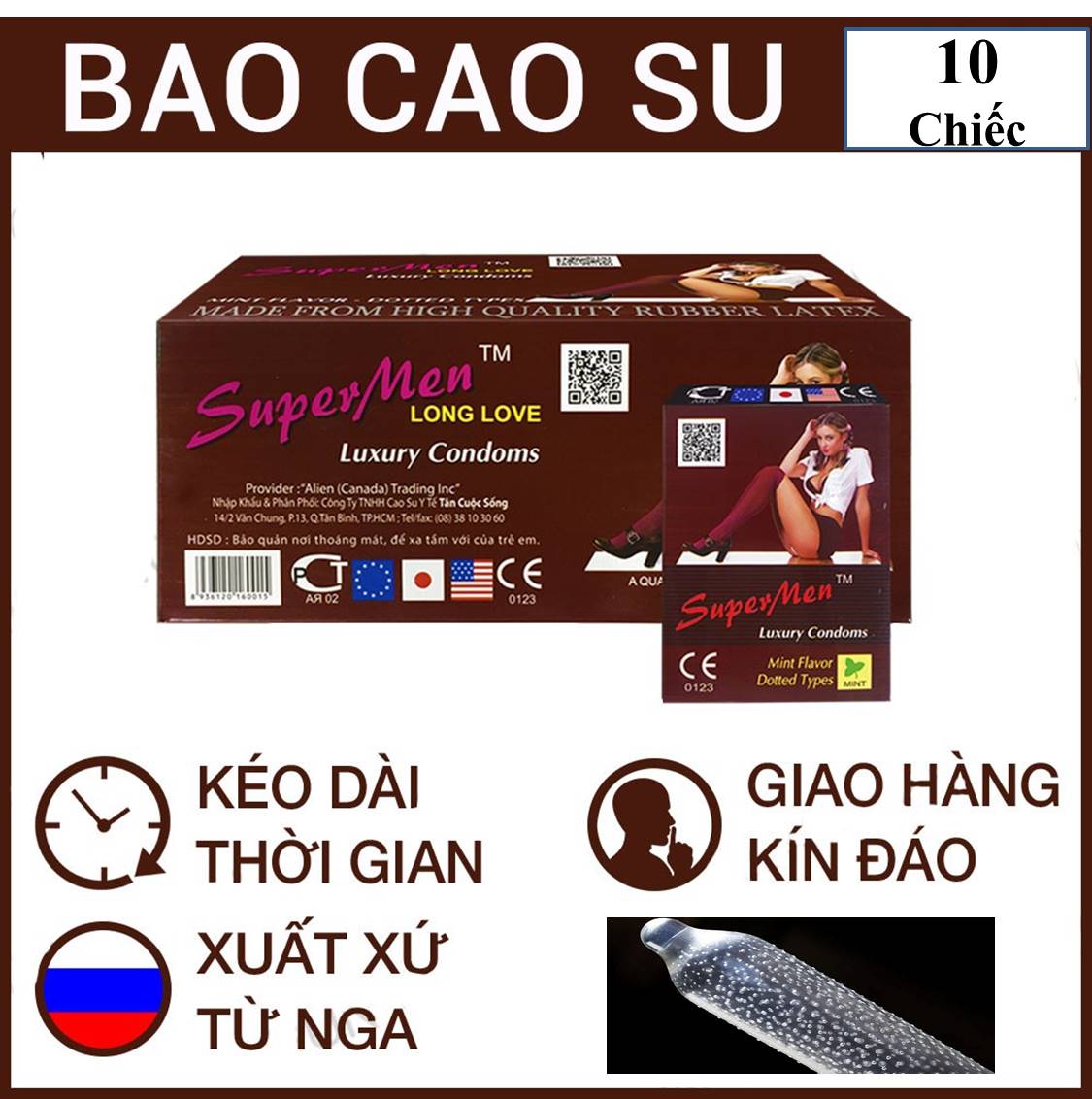 Hình ảnh hộp 10 chiếc Bao cao su SuperMen có gai và ngăn ngừa xuất tinh sớm , nhập khẩu , chất bôi trơn tốt 