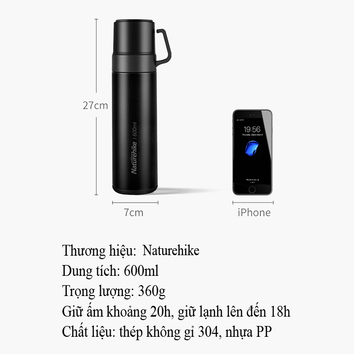 Bình giữ nhiệt NatureHike 600ml cao cấp 4 lớp có 2 cốc uống nước hàng chính hãng NH17S020-B giữ nhiệt lên tới 20 giờ