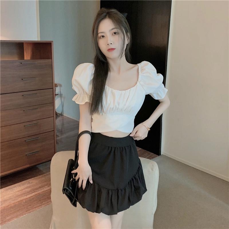Áo kiểu cho nữ Sexy tay phồng ngắn xẻ , cổ chữ U trễ vai phong cách Hàn Quốc đáng yêu