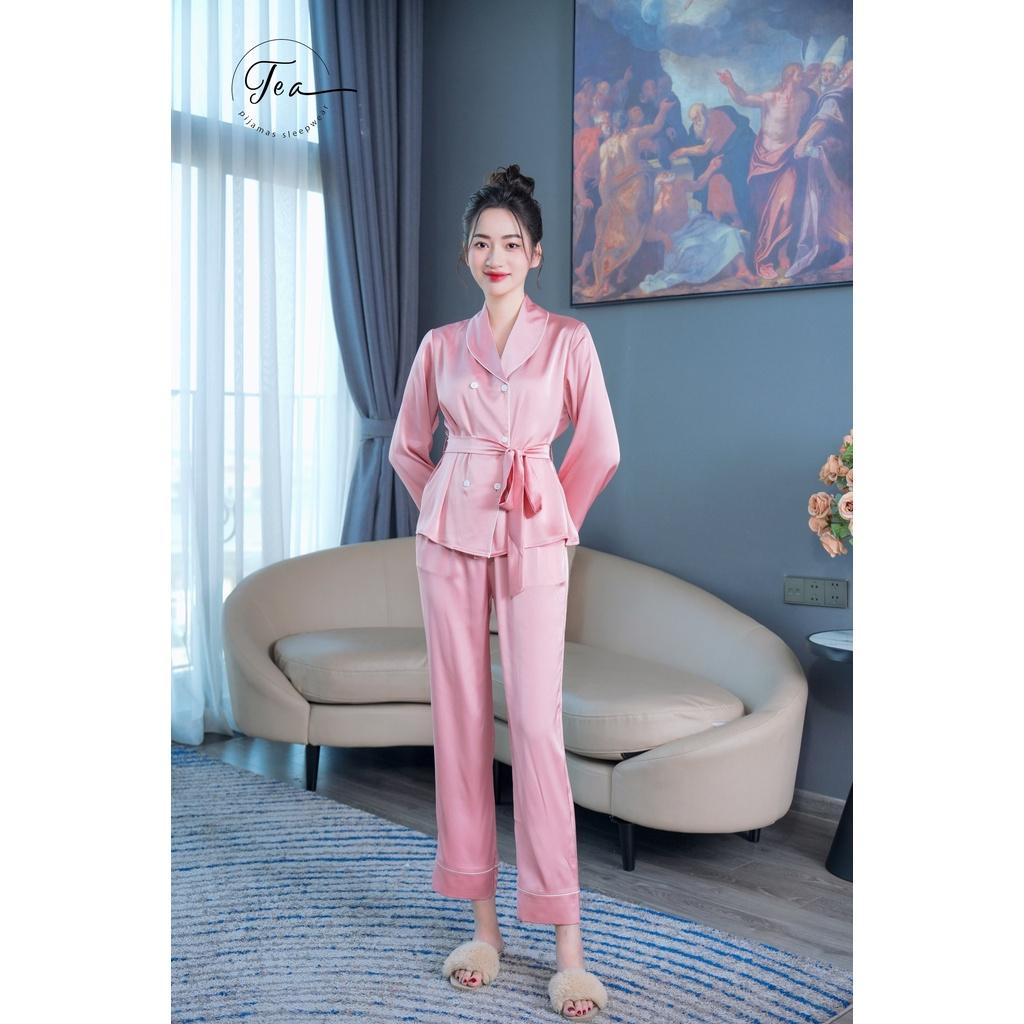 Bộ mặc nhà Pyjama lụa cao cấp Tea Store cổ sam tay dài màu Hồng siêu sang