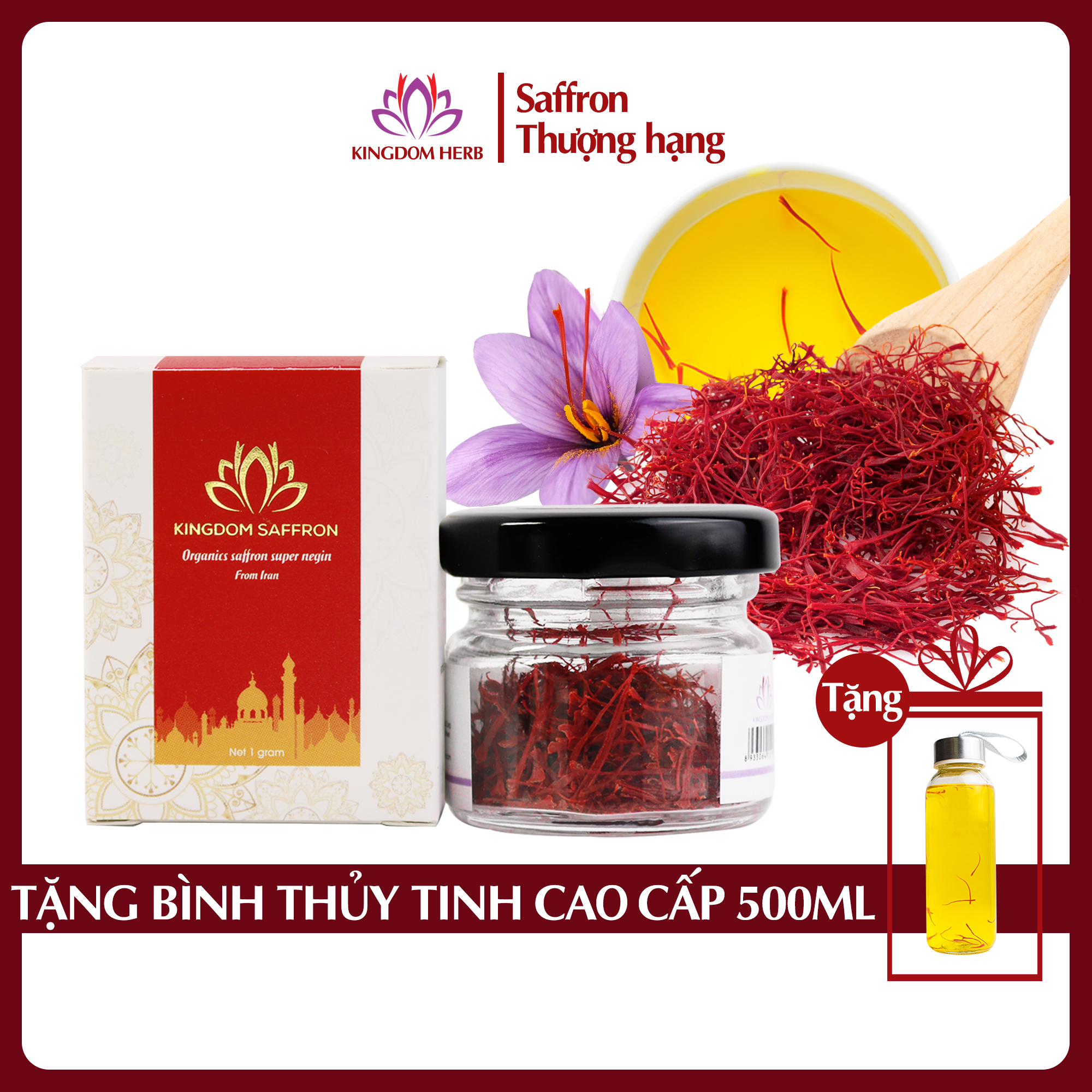 Nhụy hoa nghệ tây saffron Kingdom Herb chính hãng loại super negin thượng hạng hộp 1 gram (tặng bình thuỷ tinh cao cấp)