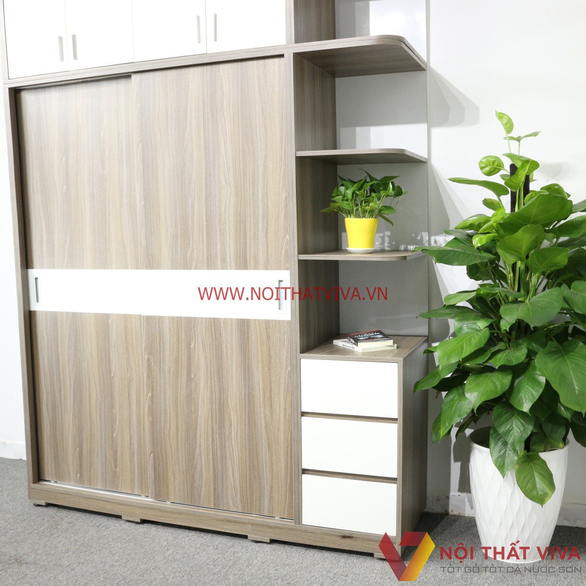 Tủ Áo Lùa Kịch Trần Có Kệ Trang Trí Gỗ MDF Melamine Màu Xám Chỉ Trắng Cao Cấp