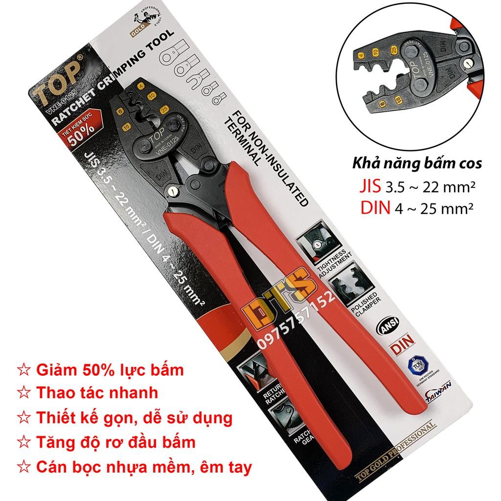 Kìm bấm cos trợ lực số 25 4 -> 25 mm2 TOP GOLD, tiết kiệm lực, độ chính xác cao, có nút điều độ rơ
