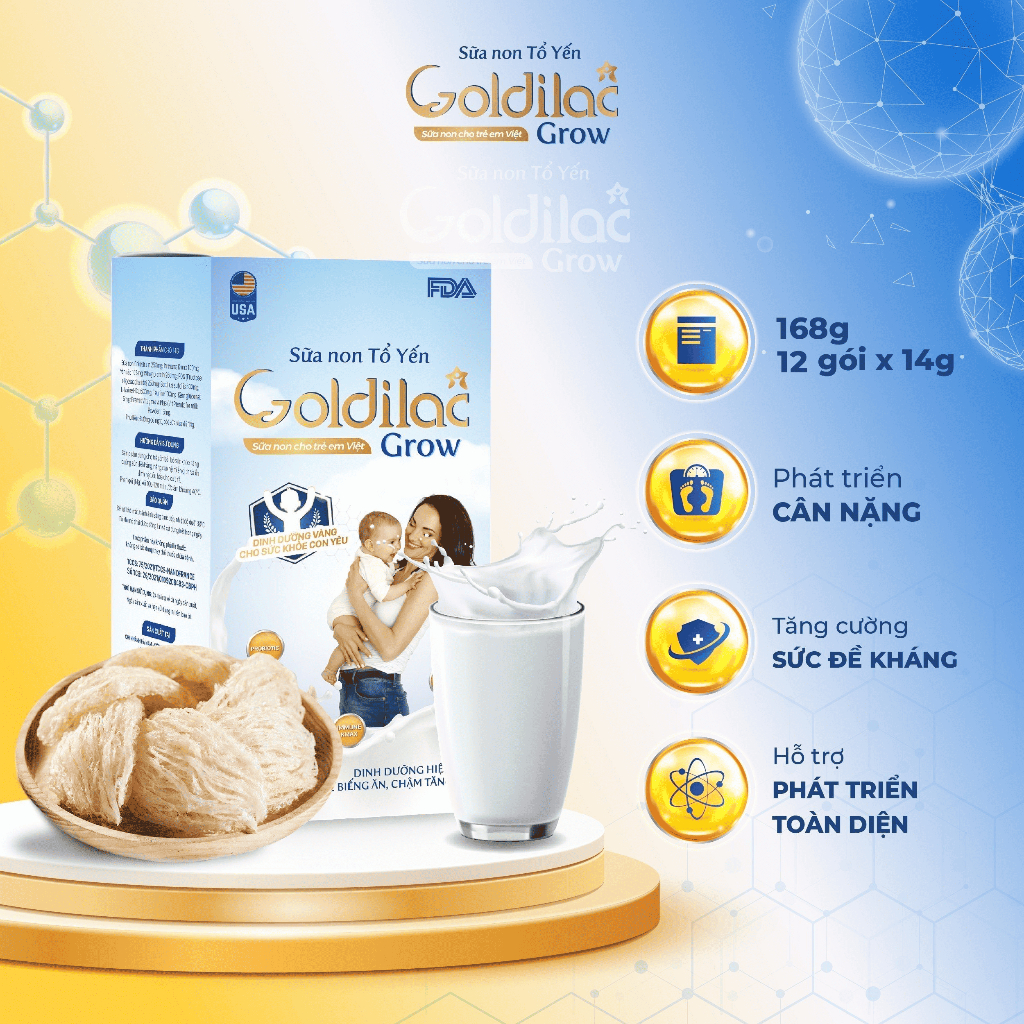 Sữa non Tổ yến Goldilac Grow hộp 168g x 12 gói - Sữa dinh dưỡng cho bé từ 0-10 tuổi, hỗ trợ tiêu hóa, tăng cân, tăng sức đề kháng giảm biếng ăn chậm lớn