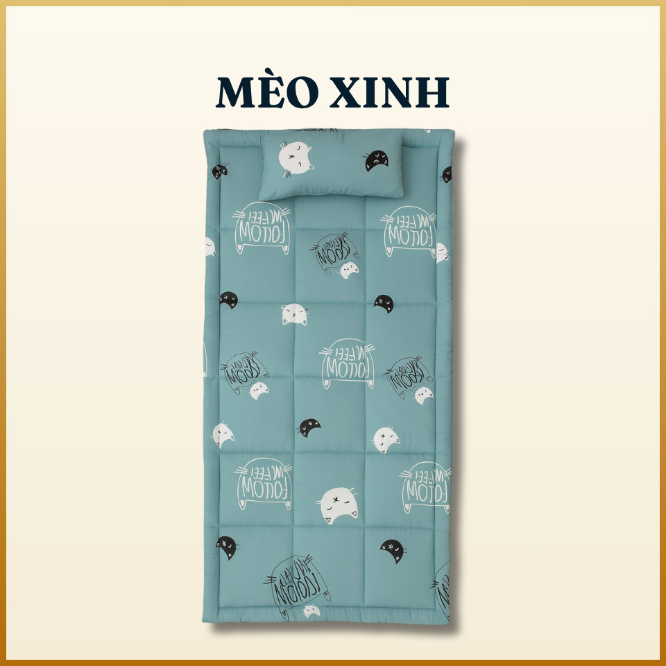 Combo nệm ngủ trưa văn phòng cao cấp A 80x190cm  1 gối hơi 35 x 50 cm – tặng kèm 1 vỏ gối cotton poly cùng màu – Mèo xinh