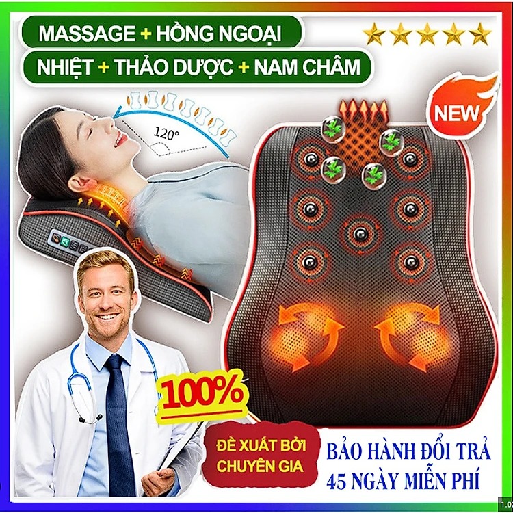 Gối Massage Cổ Vai Gáy, Mát Xa Xoàn Thân Đa Năng Cao Cấp Công Suất 24W