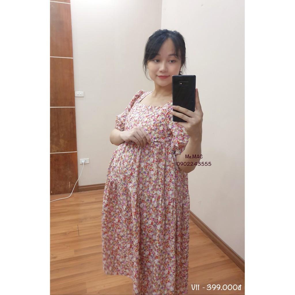 Váy Bầu &amp; Sau Sinh hoa nhí 3 MÀU hot hit có khoá kéo cho con ti, cổ vuông sang chảnh đàm xuông big size