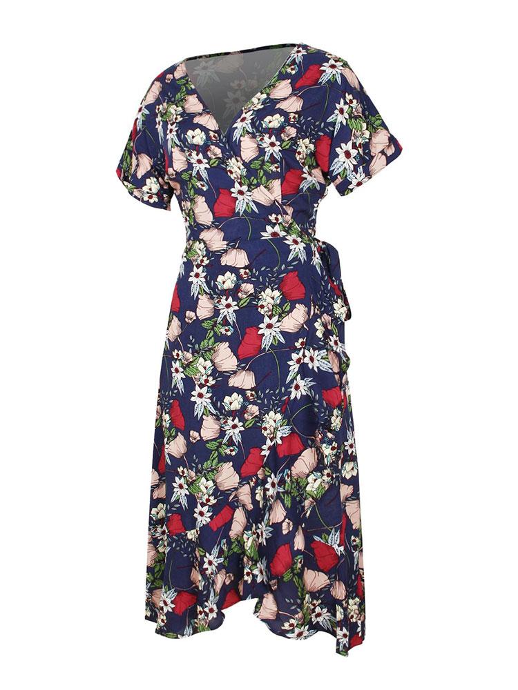 Fashion Women Summer Floral Print Dress V Neck Short Sleeve High Waist Sashes Irregular Hem Casual Holiday Beach Dress