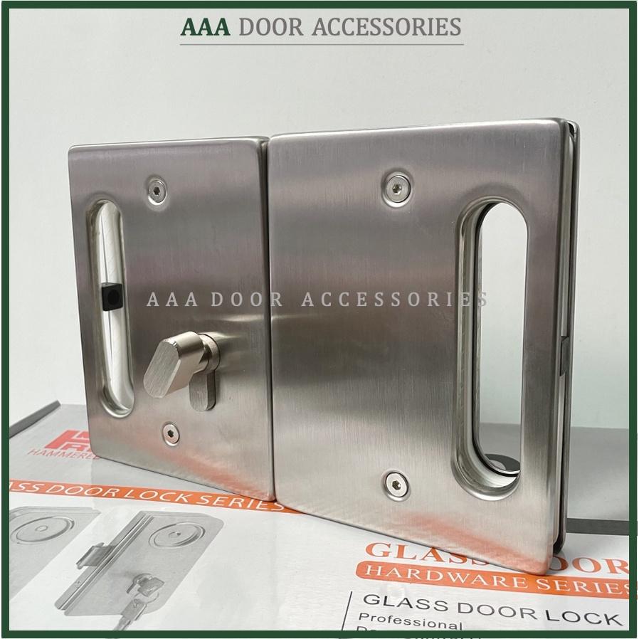 Khóa cửa kính 2 cánh tay nắm âm vuông HAMMERED - Khoá cửa kính cường lực INOX304 mờ