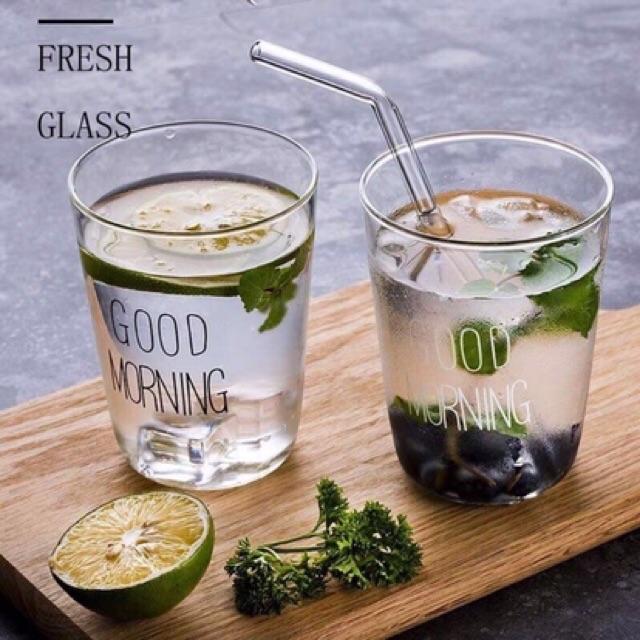 Cốc thủy tinh in chữ goodmorning, Cốc sinh tố thủy tinh chịu nhiệt cao cấp borosilicate, trong và nhẹ