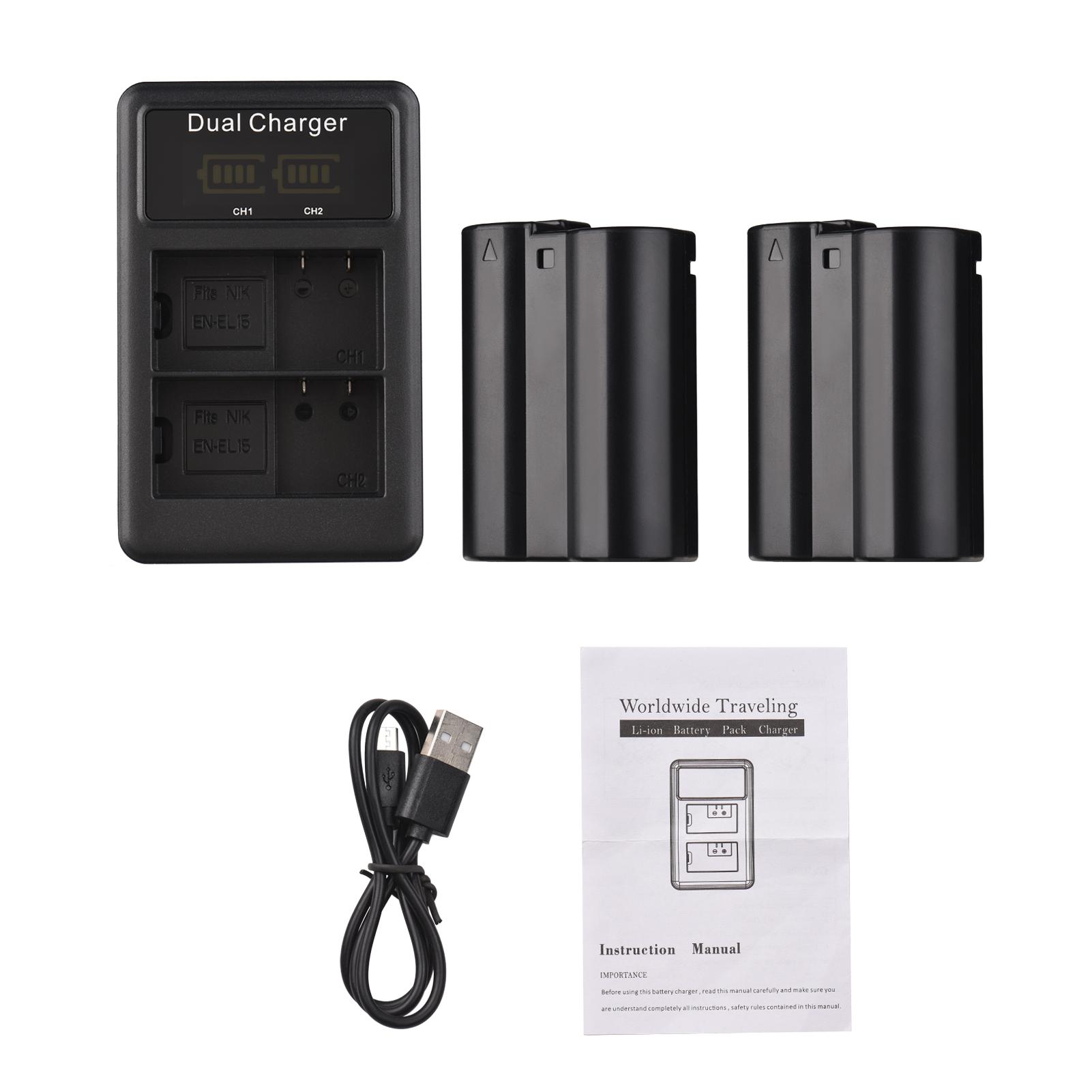EN-EL15 Battery & Charger Kit 2pcs 7.4V 2550mAh Battery + 1pc Dual Channel Battery Charger LED Screen Display for Nikon