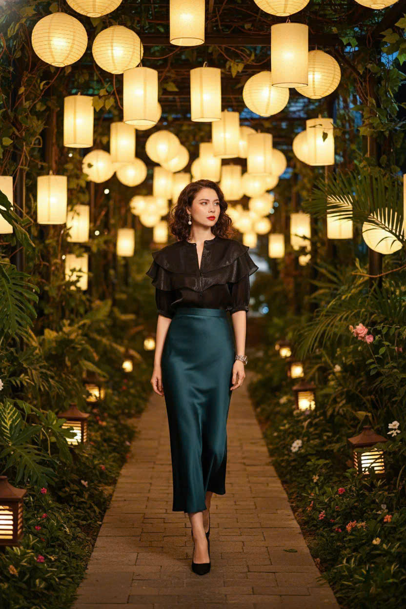 Áo Cổ Trụ Tay Phồng Organza Đen thời trang thiết kế Hity Top181