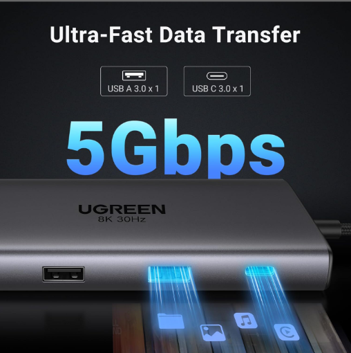 Hub USB-C 10 in 1 Ugreen 15534 CM639, hỗ trợ 2 HDMI 8K30hz và 4K60Hz, 3x USB-A, 1x USB-C, Card Reader, PD100W - Hàng chính hãng