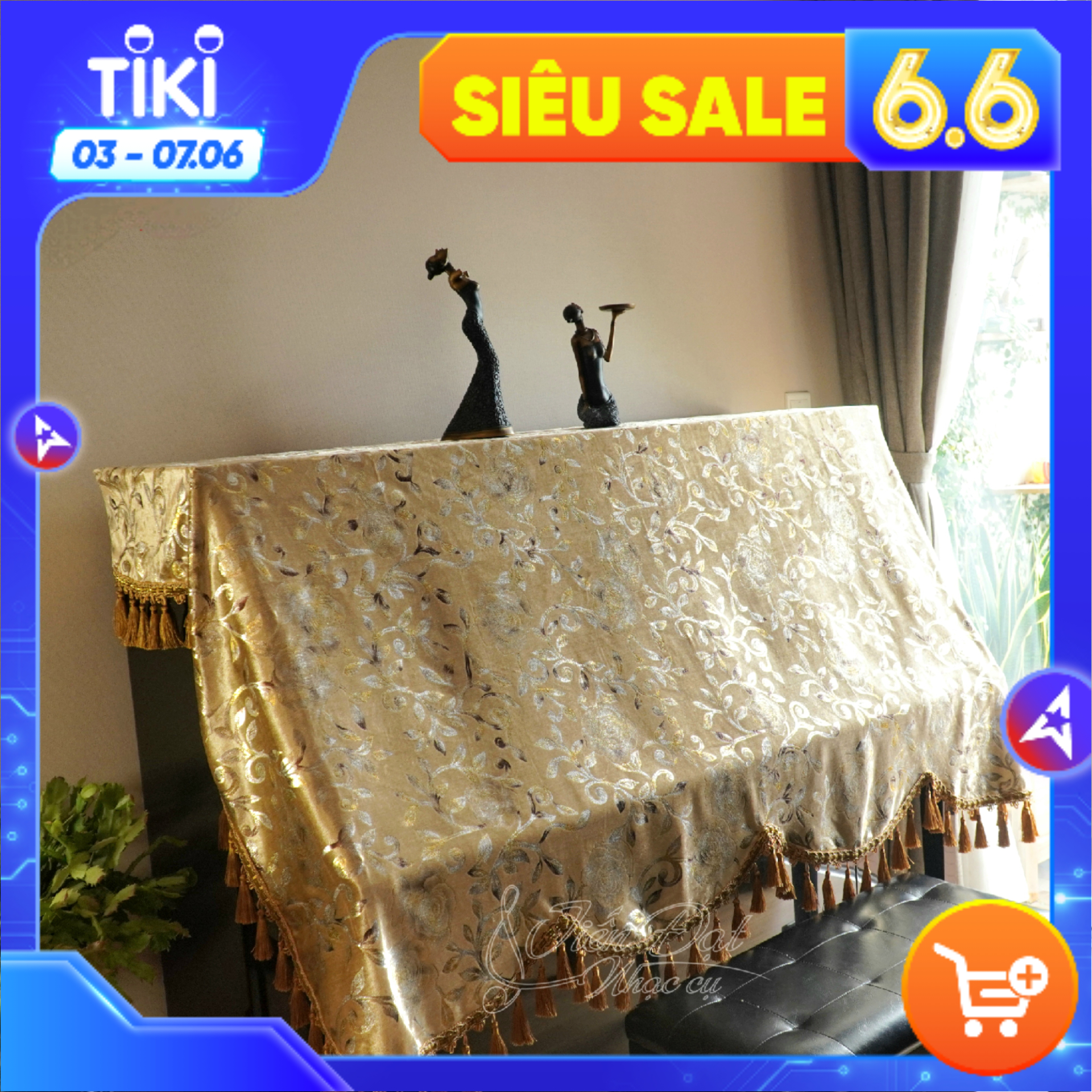 Khăn Phủ Trùm Qua Nắp Phím Đàn Piano Nhung Vàng Thêu Hoa - KC-09