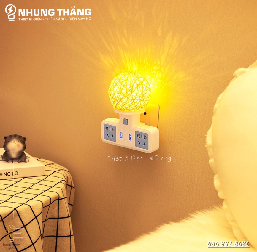 Ổ Cắm Điện Đa Năng - Đèn Ngủ Cầu Mây - 2 Cổng USB , Ổ Chịu Tải 2500W, Chống Cháy Nổ - Kèm Phích Chuyển Đổi - Có Video