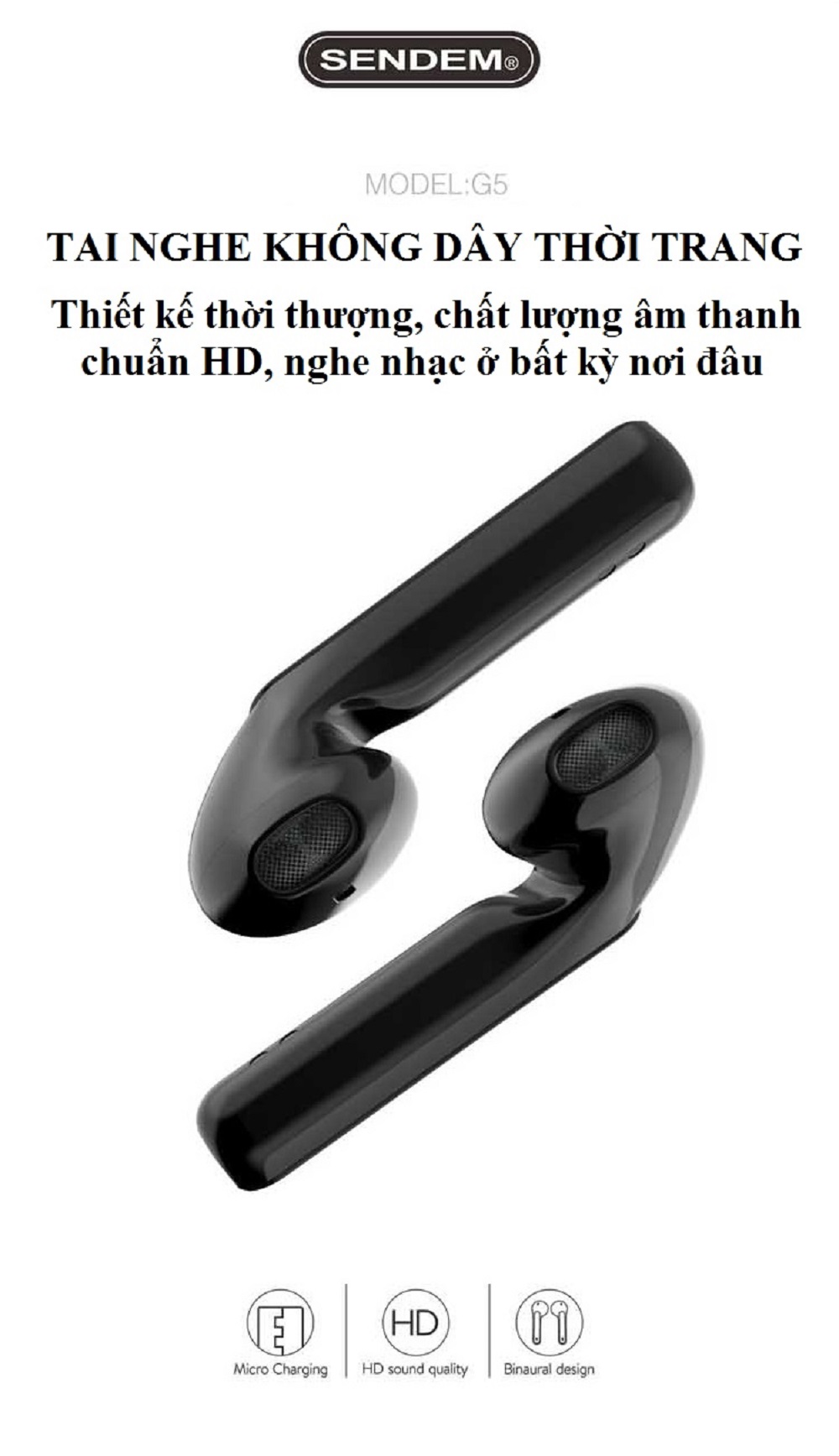 Tai nghe Bluetooth V5.0 True Wireless TWS SENDEM G5 hàng cao cấp - Thiết kế thời trang - Cài tai chắc chắn - Âm thanh cực đỉnh - Công nghệ CVC chống ồn tốt - Hàng chính hãng