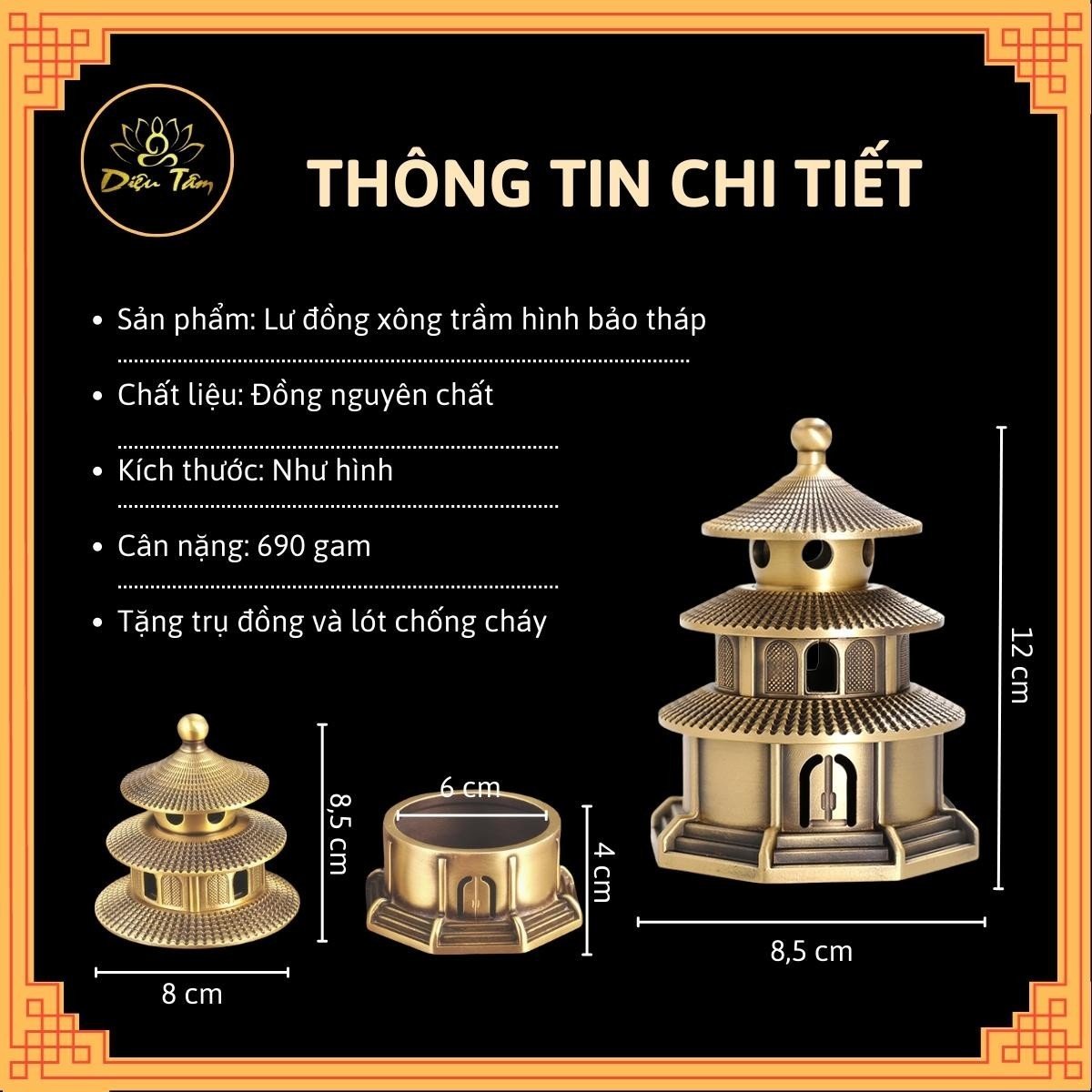 Lư xông trầm đồ thờ cúng bằng đồng hình bảo tháp sơn màu đồng phụ kiện trang trí ban thờ, bàn làm việc Diệu Tâm