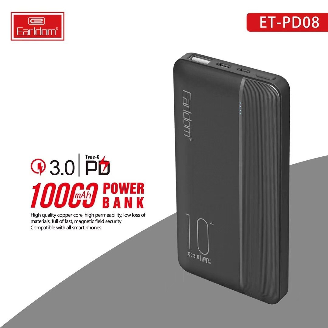 Pin sạc dự phòng 10.000 mAh Earldom PD08, 2 cổng vào Micro và Type C, công nghệ sạc nhanh QC 3.0, thiết kế nhỏ gọn dễ dàng mang theo, dùng cho iPhone/ Samsung/Oppo/Xiaomi/ – hàng chính hãng