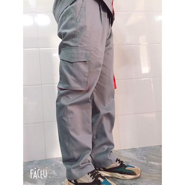 Bộ bảo hộ lao động SHUNI ngắn tay xám phối đỏ khóa kéo vải kaki dày kỹ sư cơ khí, kỹ thuật, xây dựng, nhà máy, bảo vệ