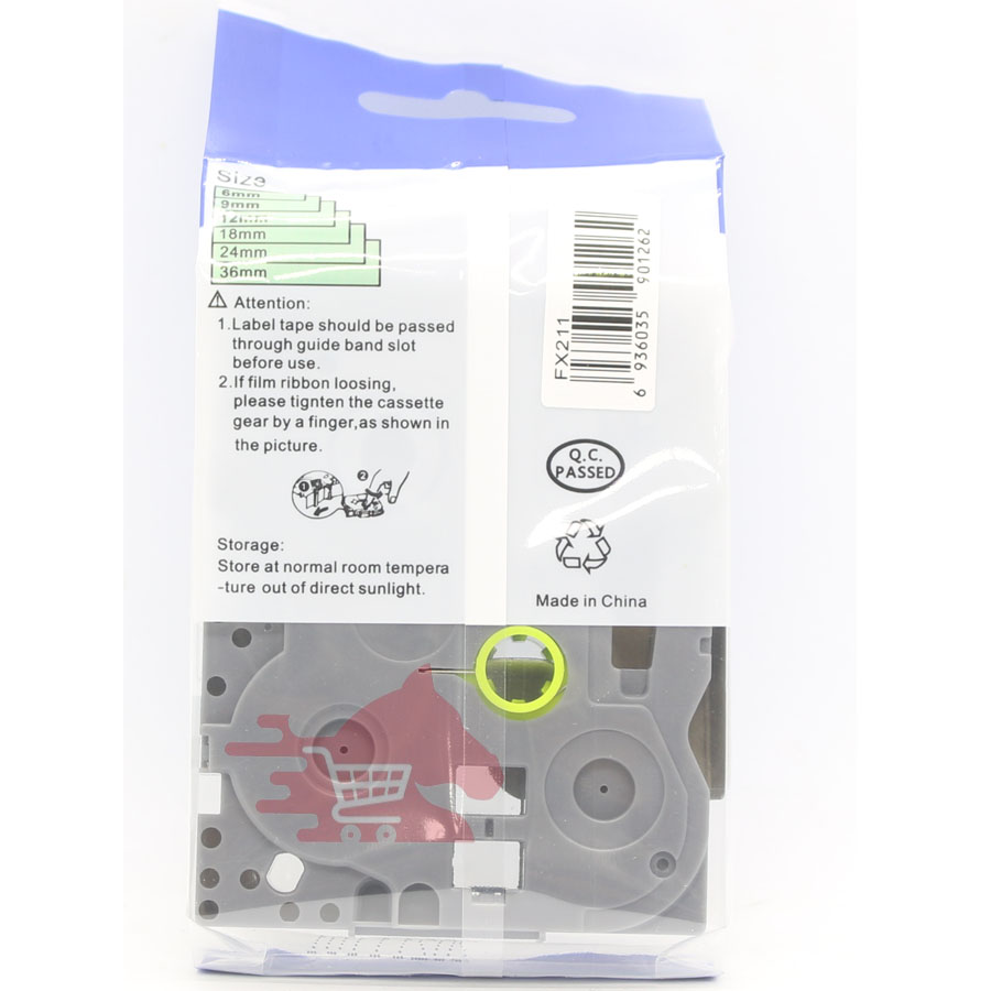Nhãn in TZ2-FX211, Khổ 6mm, dài 8 m, chữ đen nền trắng, siêu dẻo, nhãn đa lớp, bám dinh cao.