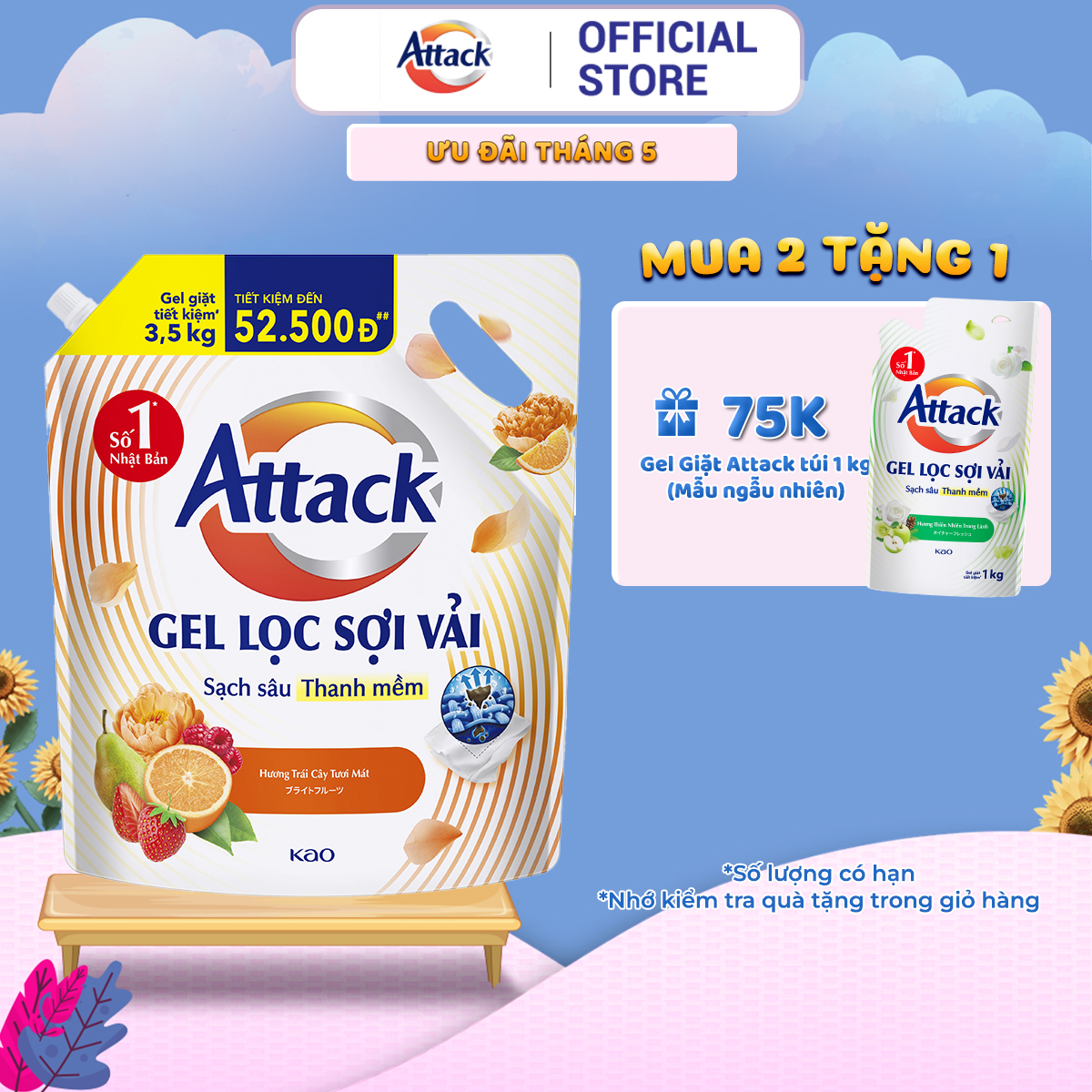 Gel Giặt Attack Hương Trái Cây Tươi Mát Túi 3.5Kg