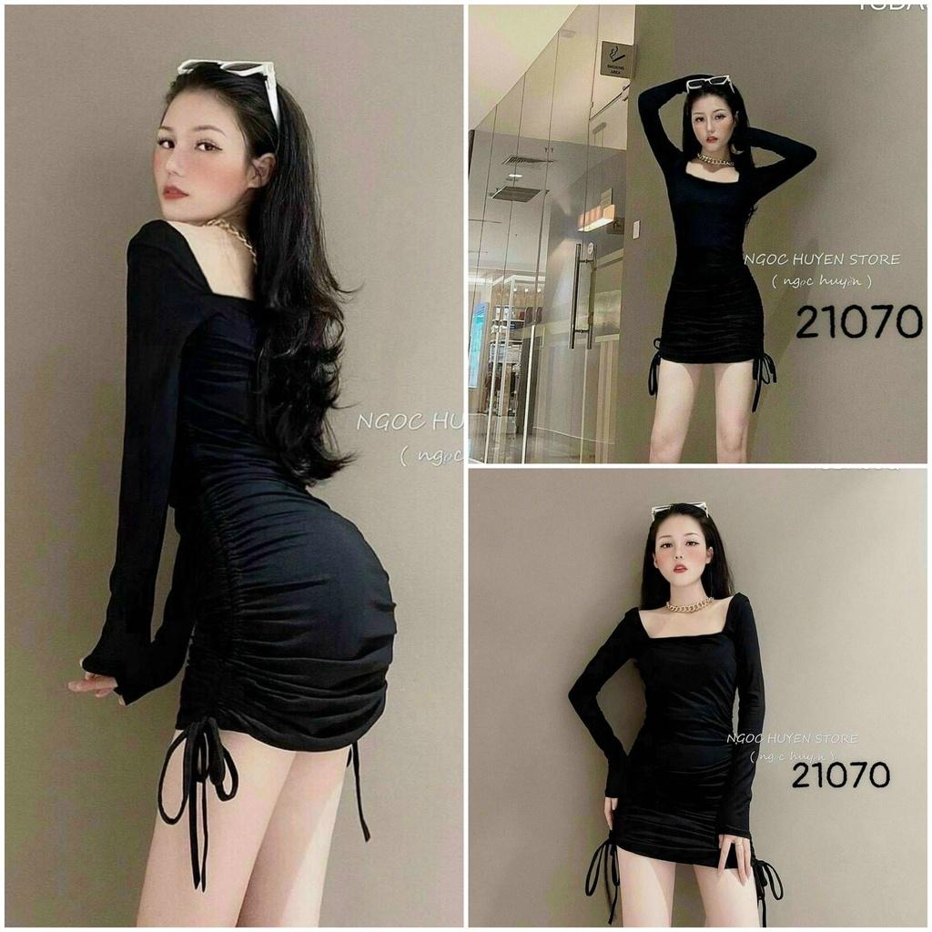 Đầm body cổ vuông tay dài rút dây hông