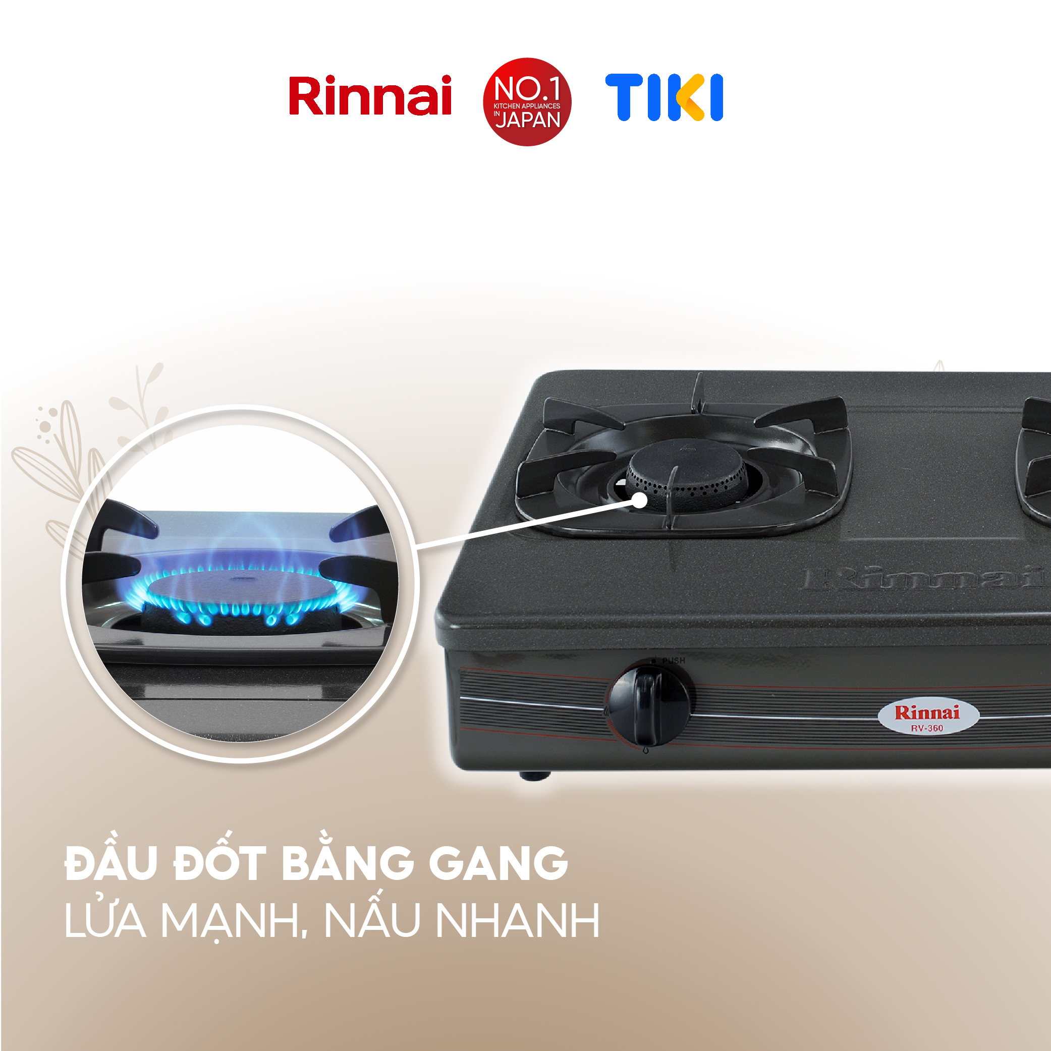 Bếp gas dương Rinnai RV-360(GM)N mặt bếp men và kiềng bếp men - Hàng chính hãng