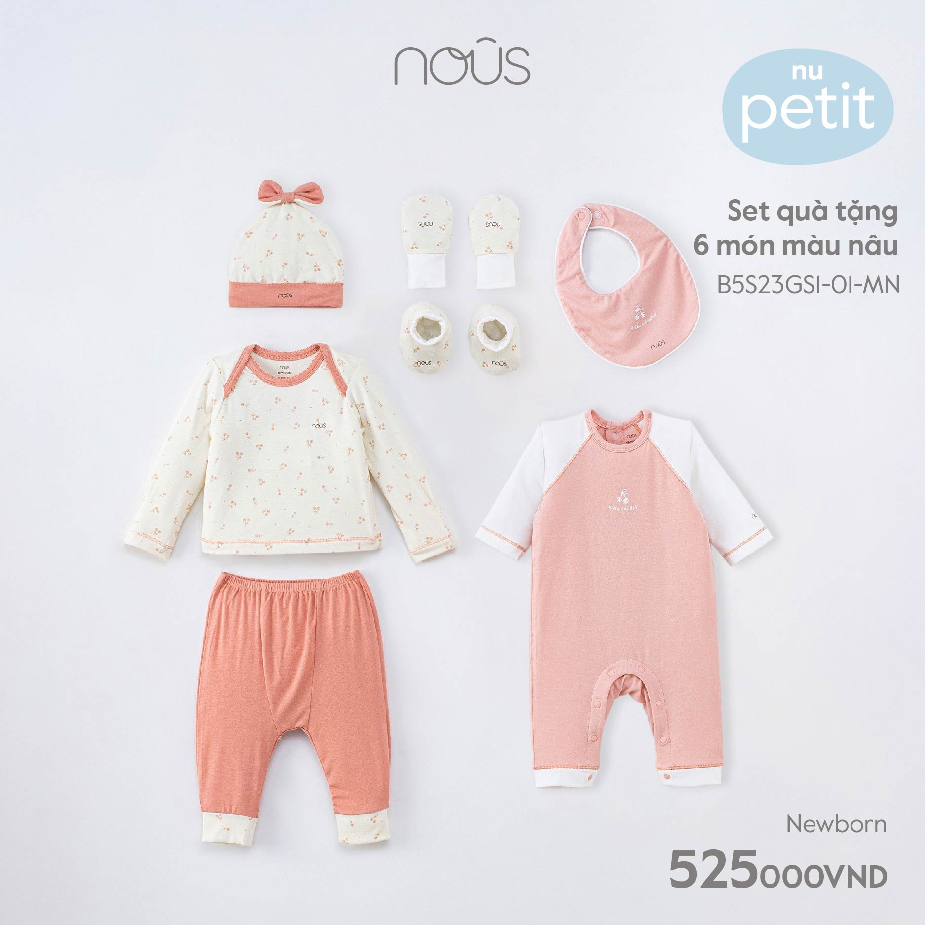 Set quần áo, mũ , yếm, bao tay bao chân Nous hai màu dành cho bé sơ sinh chất liệu Nu Petit kháng khuẩn