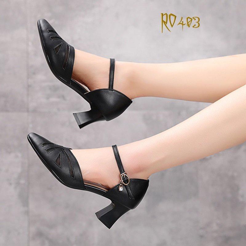 Giày cao gót nữ đẹp đế vuông 5 phân hàng hiệu rosata hai màu đen kem ro403