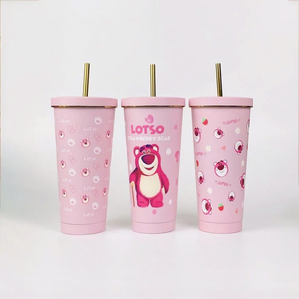 Ly Giữ Nhiệt Lotso Inox 304 Cao Cấp 750ml Kèm Ống Hút, Ly Giữ Nhiệt Gấu Dâu Hoạt Hình Dễ Thương Giữ Nhiệt 8-12h - Tặng Kèm Túi Đựng - HÀng Chính Hãng MINIIN