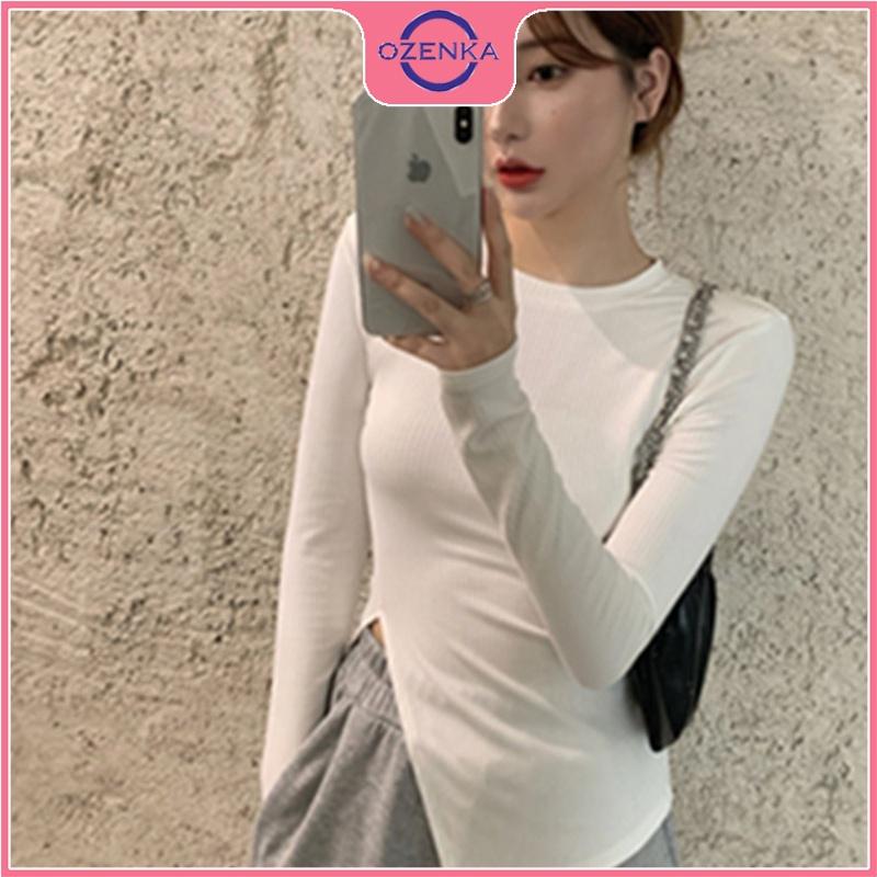 Áo thun croptop nữ tay dài sẻ gấu , ao crt ôm body phong cách Hàn Quốc chất cotton lụa màu đen trắng dưới 52 kg