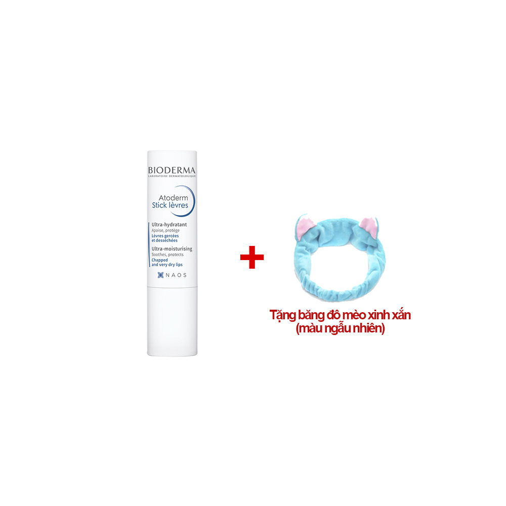 Son Dưỡng Môi Không Màu Làm Dịu Môi Khô Nứt Nẻ Bioderma Atoderm Stick Lèvres 4g (Tặng băng đô mèo xinh xắn)