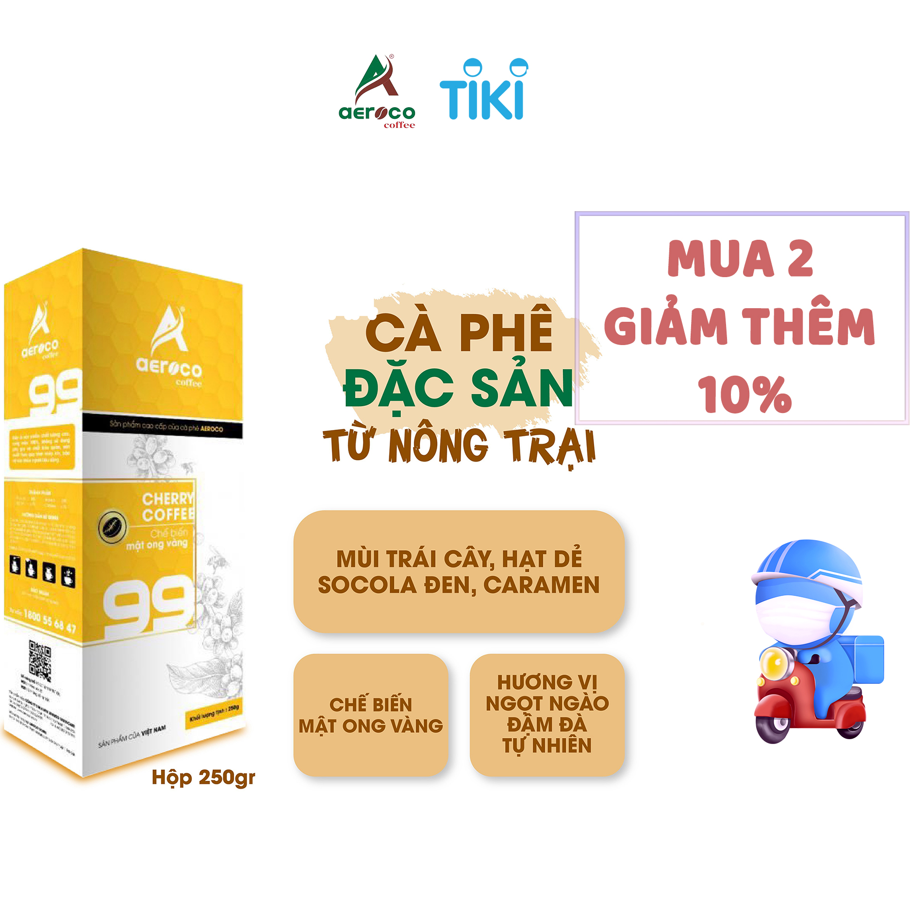 Cà phê bột pha phin AEROCO 99 nguyên chất 100% rang mộc hậu vị ngọt thơm quyến rũ, hộp 250g