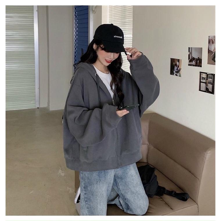 Áo khoác nỉ trơn oversize phong cách ulzzang , áo hoodie nỉ mũ to form rộng một màu xám