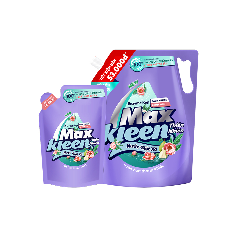 Combo Nước giặt xả MaxKleen Hương Thiên Nhiên Vườn Hoa Thanh Khiết: 1 Túi 3.6kg + 1 Túi 600g