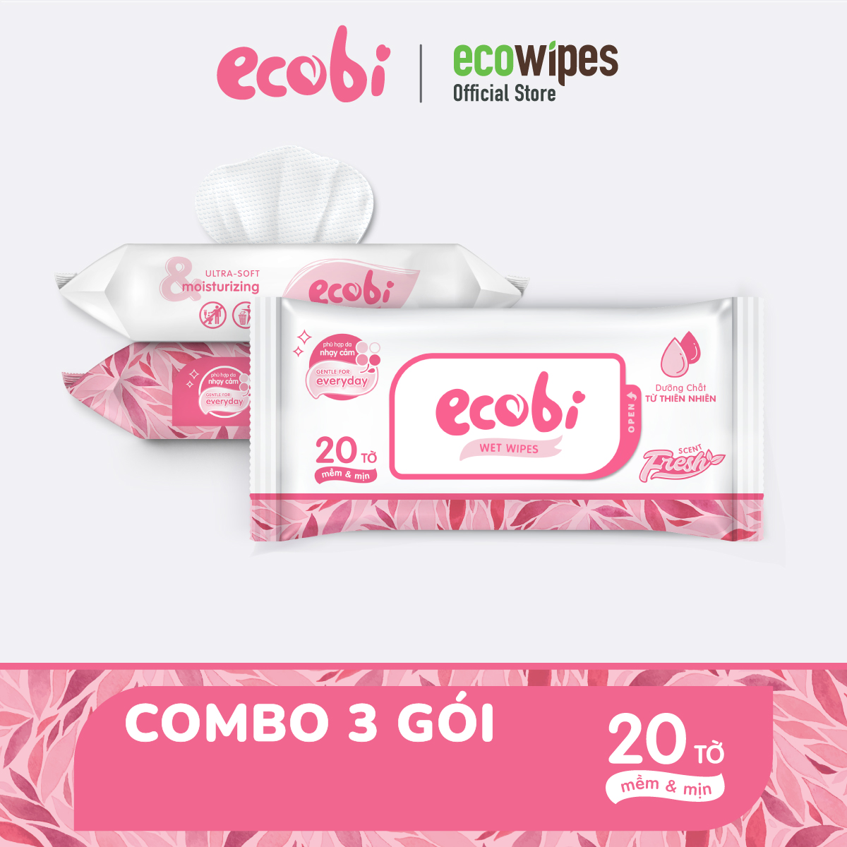 Combo 03 gói khăn giấy ướt cho bé Ecobi gói 20 tờ Hương Dịu Nhẹ không cồn không paraben an toàn cho da của bé